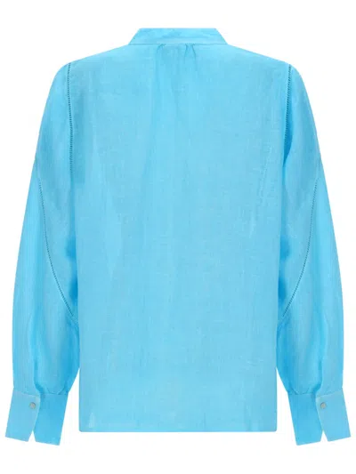 120% Lino Linen Shirt Breathable Collared Long Sleeve In Blue