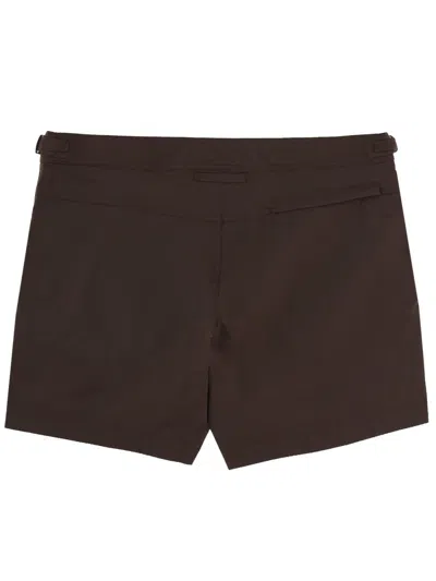 Tom Ford Polyester Flat Front Single Button Swim Shorts In Brown
