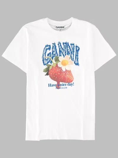 Ganni Womens Bright White Jersey Strawberry Printed Round-neck Cotton-jersey T-shirt In White
