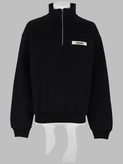 Jacquemus High Neck Zip Sweatshirt With Logo Detail And Gathered Cuffs In Black