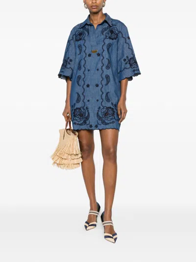 Zimmermann Aster Broderie Anglaise-trimmed Cotton-denim Mini Dress In Navy