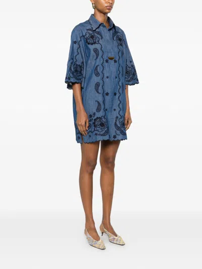 Zimmermann Aster Broderie Anglaise-trimmed Cotton-denim Mini Dress In Navy