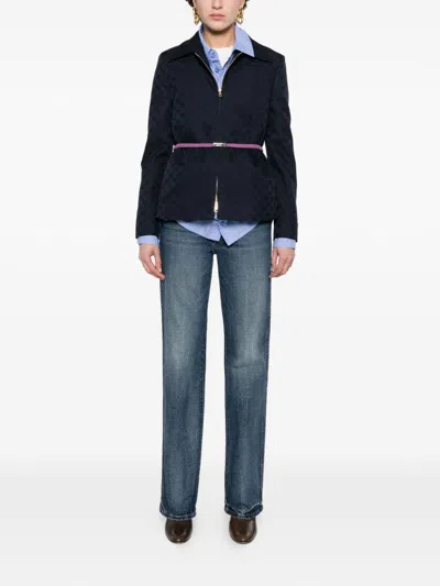 Gucci Checkered Jacket Collared Neck Front Pockets In Blue