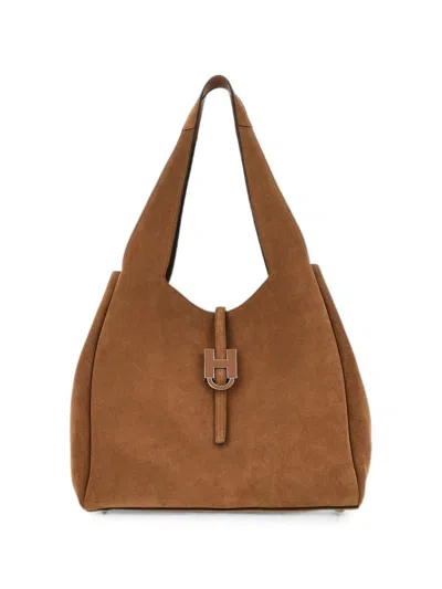 Hogan Rectangular Suede Tote Bag Top Handle Buckle In Brown
