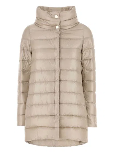 Herno Streamlined Puffer Jacket With High Collar And Quilted Texture In Neutral