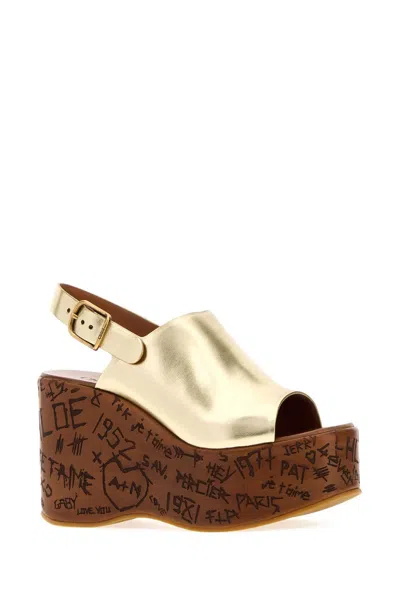 Chloé Maxime Leather Wedge Mules Slingback Platform In Gold