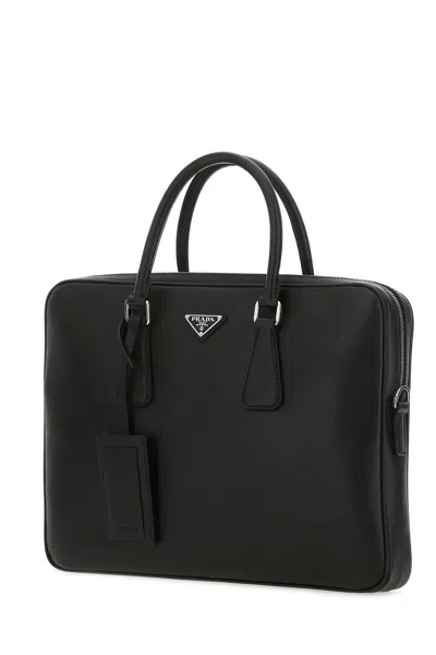 Prada Black Leather Brief Case In Black