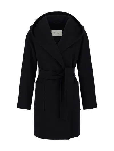 Max Mara Rialto Hooded Wrap Coat In Blue In Black