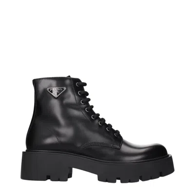 Prada Black Brushed Leather Ankle Boot In Black