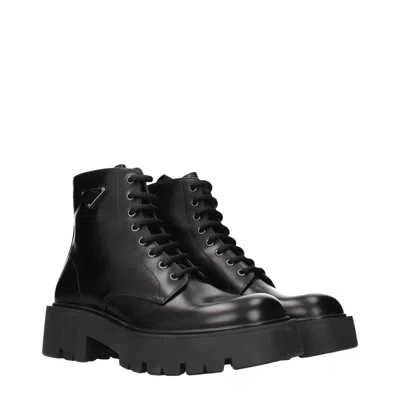 Prada Black Brushed Leather Ankle Boot In Black