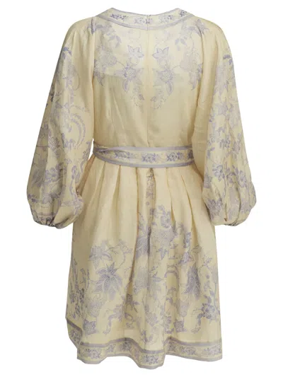 Zimmermann Womens Indra Plunge Linen Mini Dress Cream Lilac Floral In White
