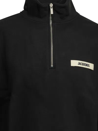 Jacquemus High Neck Zip Sweatshirt With Logo Detail And Gathered Cuffs In Black