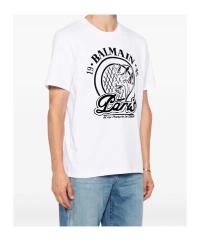 Balmain Short Sleeve Crew Neck Graphic Shirt In White