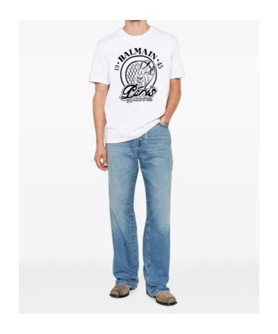 Balmain Short Sleeve Crew Neck Graphic Shirt In White