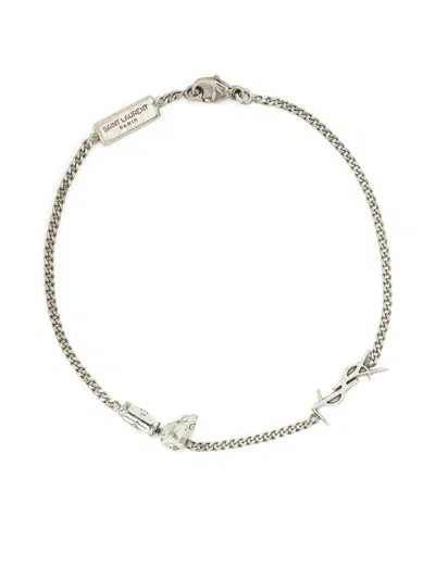 Saint Laurent Adjustable Interlocking Charm Ring With Rhinestones In Silver