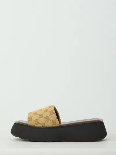 Gucci Platform Slide Sandal Canvas Upper Logo In Animal Print