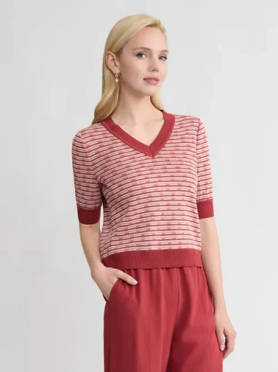 Misook Striped Ribbed Hem Top In Brown