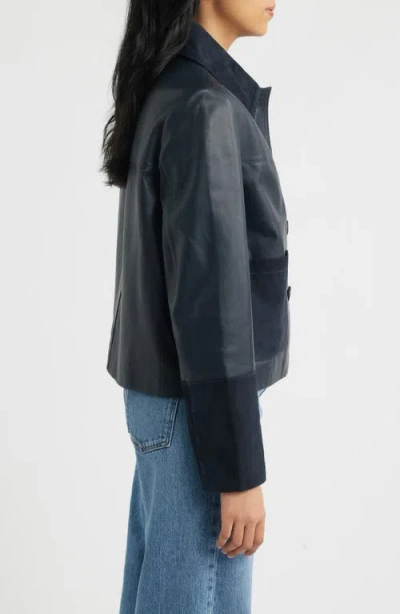 Bernardo Short Mixed Media Leather Jacket In Blue