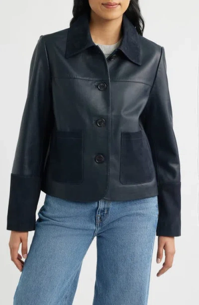 Bernardo Short Mixed Media Leather Jacket In Blue