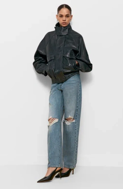Avec Les Filles Oversize Leather Bomber Jacket In Blue