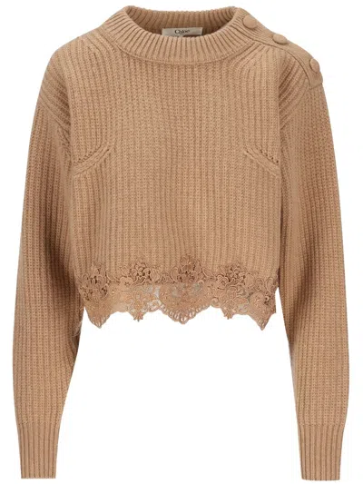 Chloé Pullover Corto Con Collo A Lupetto In Maglia Di Lana E Cashmere Con Pizzo In Brown