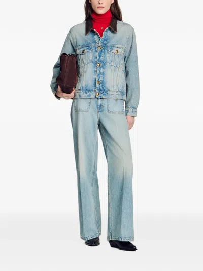 Sandro Leather-collar Button-up Denim Jacket In Blue