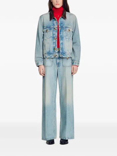 Sandro Leather-collar Button-up Denim Jacket In Blue