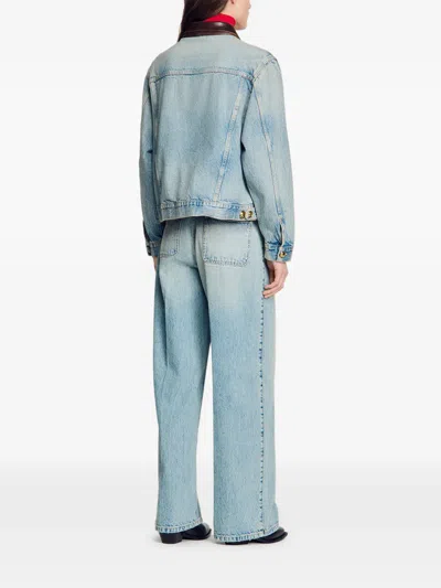 Sandro Leather-collar Button-up Denim Jacket In Blue