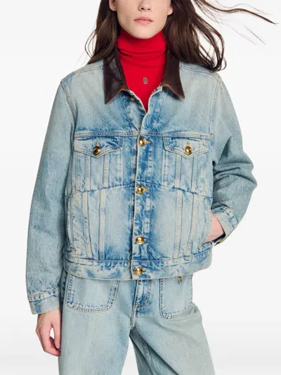 Sandro Leather-collar Button-up Denim Jacket In Blue