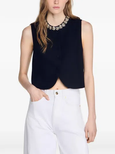 Sandro Embellished Wool Blazer In Black