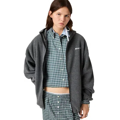 Miu Miu Hooded Jacket Elasticated Cuffs Drawstring Hem In Grey
