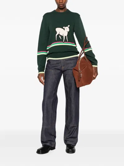 Jw Anderson Sheep Embroidered Striped Cotton Sweater In Green