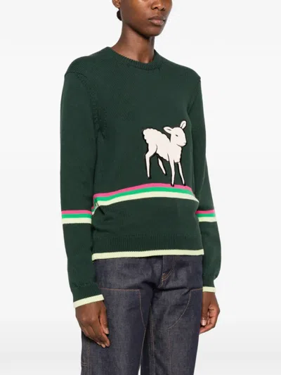 Jw Anderson Sheep Embroidered Striped Cotton Sweater In Green
