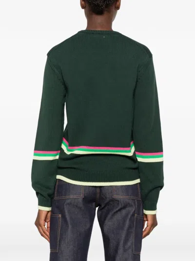 Jw Anderson Sheep Embroidered Striped Cotton Sweater In Green