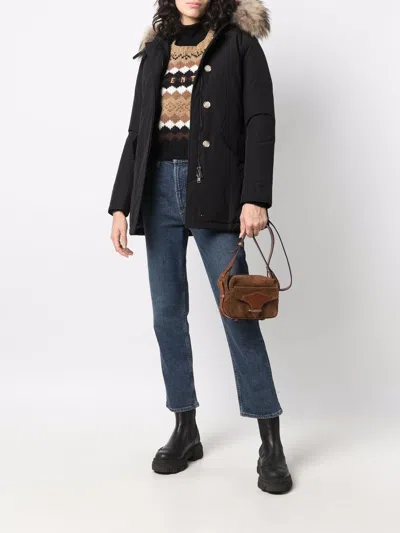 Woolrich Mid-length Black Parka With Detachable Fur-trimmed Hood In Blue
