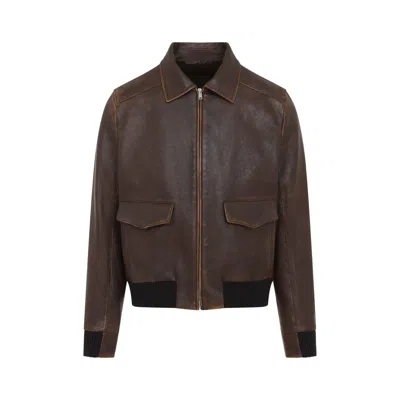 Prada Collared Long-sleeved Leather Jacket In Brown