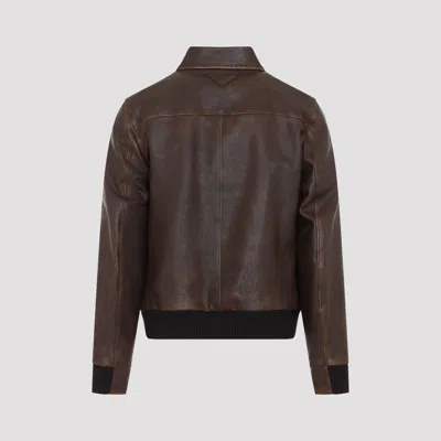 Prada Collared Long-sleeved Leather Jacket In Brown