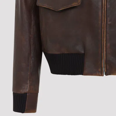Prada Collared Long-sleeved Leather Jacket In Brown