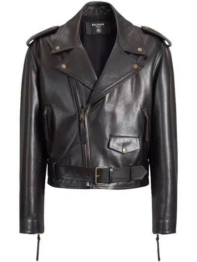 Balmain Textured Leather Biker Jacket In Black