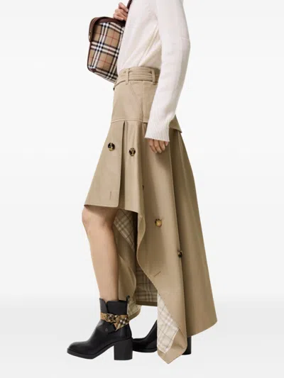 Burberry Heather Belted Asymmetric Cotton-gabardine Midi Skirt In Brown