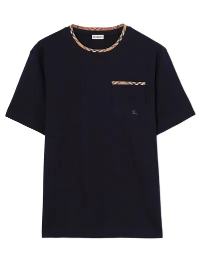 Burberry Cotton Logo T-shirt With Checkered Trim And Chest Pocket In Blue