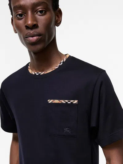 Burberry Cotton Logo T-shirt With Checkered Trim And Chest Pocket In Blue