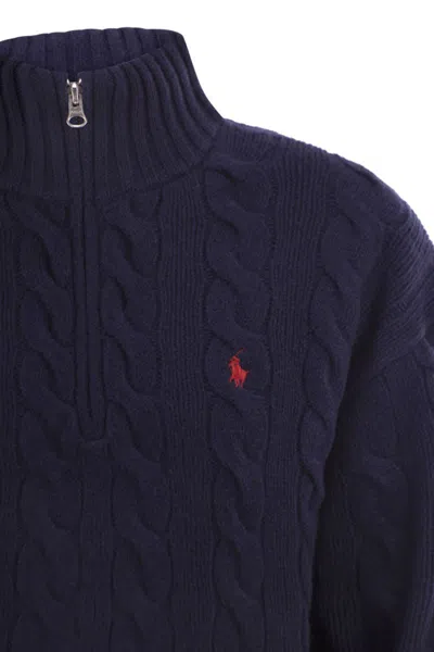 Polo Ralph Lauren Cable-knit Wool-cashmere Cardigan With Grosgrain Trim In Blue
