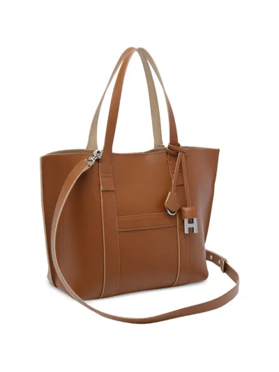 Hogan Script Small Leather Tote Bag In Brown