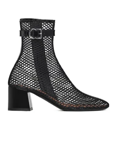 Alaïa Fishnet Patent Leather-trimmed Ankle Boots In Black