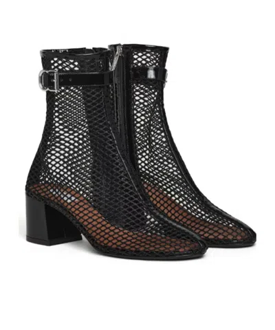 Alaïa Fishnet Patent Leather-trimmed Ankle Boots In Black