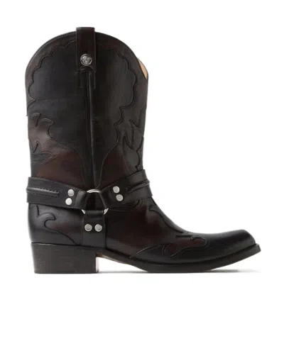 Versace Sylvester Leather Texan Boots In Brown