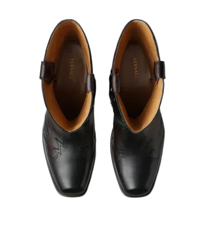 Versace Sylvester Leather Texan Boots In Brown