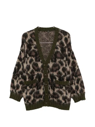 R13 Leopard Cardigan Long Sleeves V Neck Pockets In Black