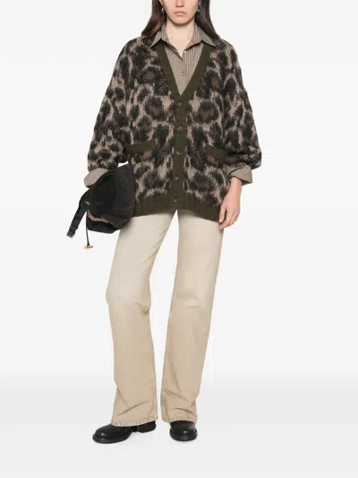 R13 Leopard Cardigan Long Sleeves V Neck Pockets In Black